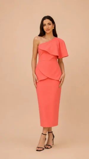 Ylma modas vestidos de fiesta, novia y comunión Vestido midi coral de un hombro con volante