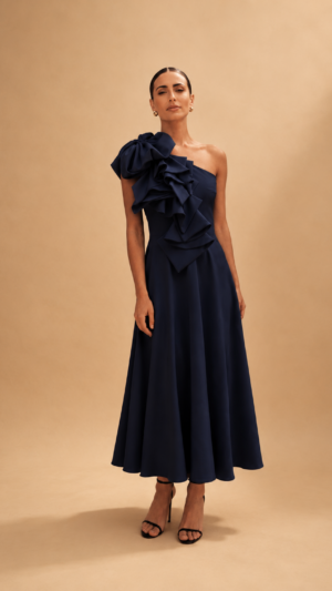 Ylma modas vestidos de fiesta, novia y comunión Vestido midi azul marino de un hombro con volantes