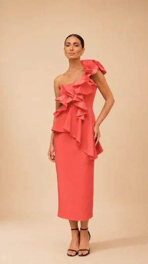 Ylma modas vestidos de fiesta, novia y comunión Vestido midi coral de un hombro con volantes de tafetán