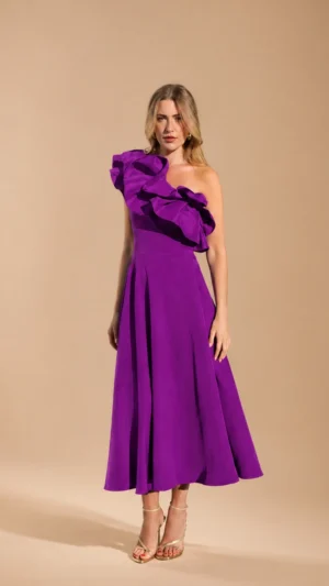 Ylma modas vestidos de fiesta, novia y comunión Vestido midi morado de un hombro con volante de tafetán