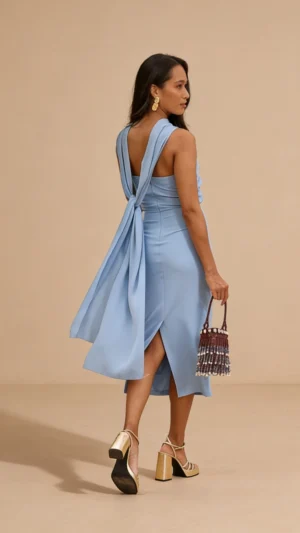 Vestido de invitada azul babé con cruce de gasa