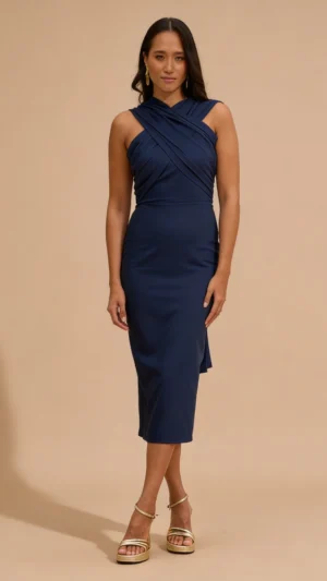 Vestido de invitada azul marino con cruce de gasa