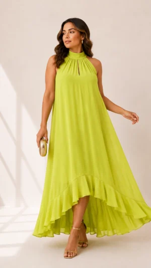 Vestido midi halter de gasa lima