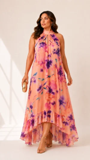 Vestido midi halter de gasa estampado