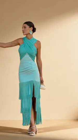 Ylma modas vestidos de fiesta, novia y comunión Vestido verdeagua con flecos turquesa