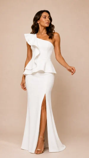 Tienda de vestidos de fiesta, novia, comunión Vestido blanco largo asimétrico con volante