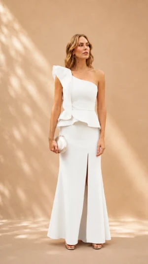 Ylma modas vestidos de fiesta, novia y comunión Vestido blanco largo asimétrico con volante