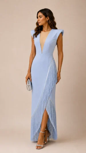 Ylma modas vestidos de fiesta, novia y comunión Vestido midi azul bebé con flecos