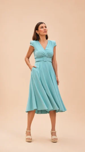 Ylma modas vestidos de fiesta, novia y comunión Vestido midi verde con falda de vuelo y manga corta