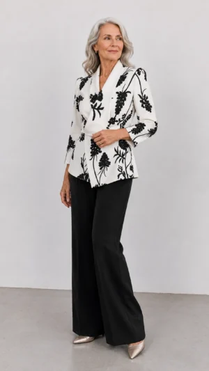 Conjunto de crepé estampado blanco y negro con pantalón recto
