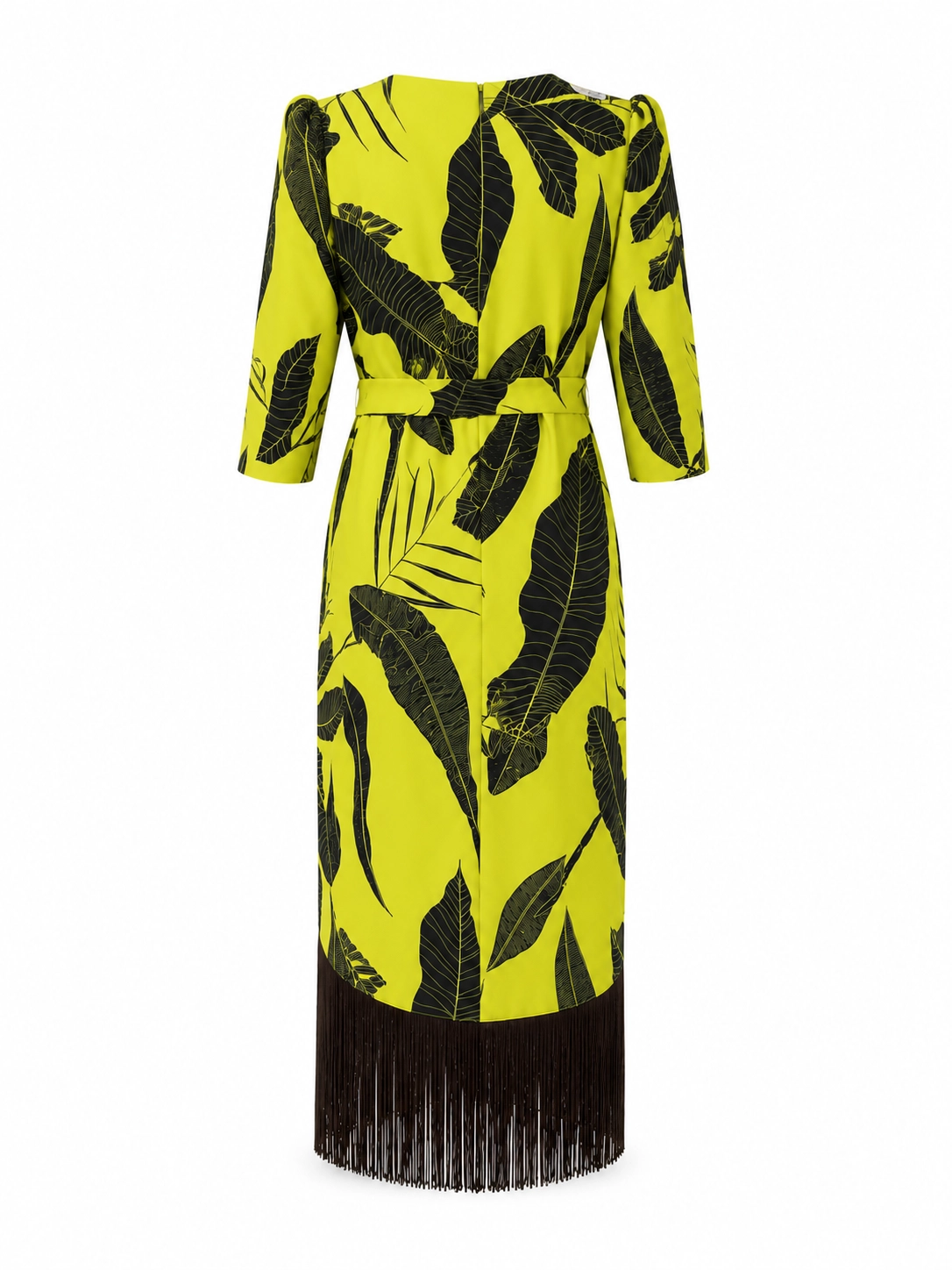 2888 (2) copia Vestido midi estampado amarillo con flecos marrones