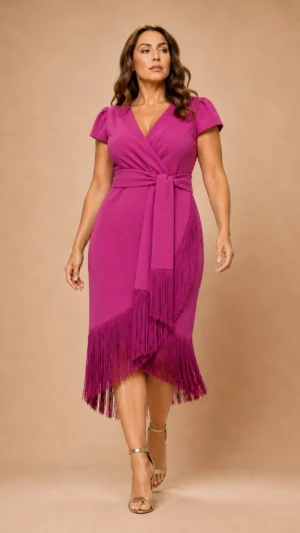 Vestido midi de flecos buganvilla con manga corta