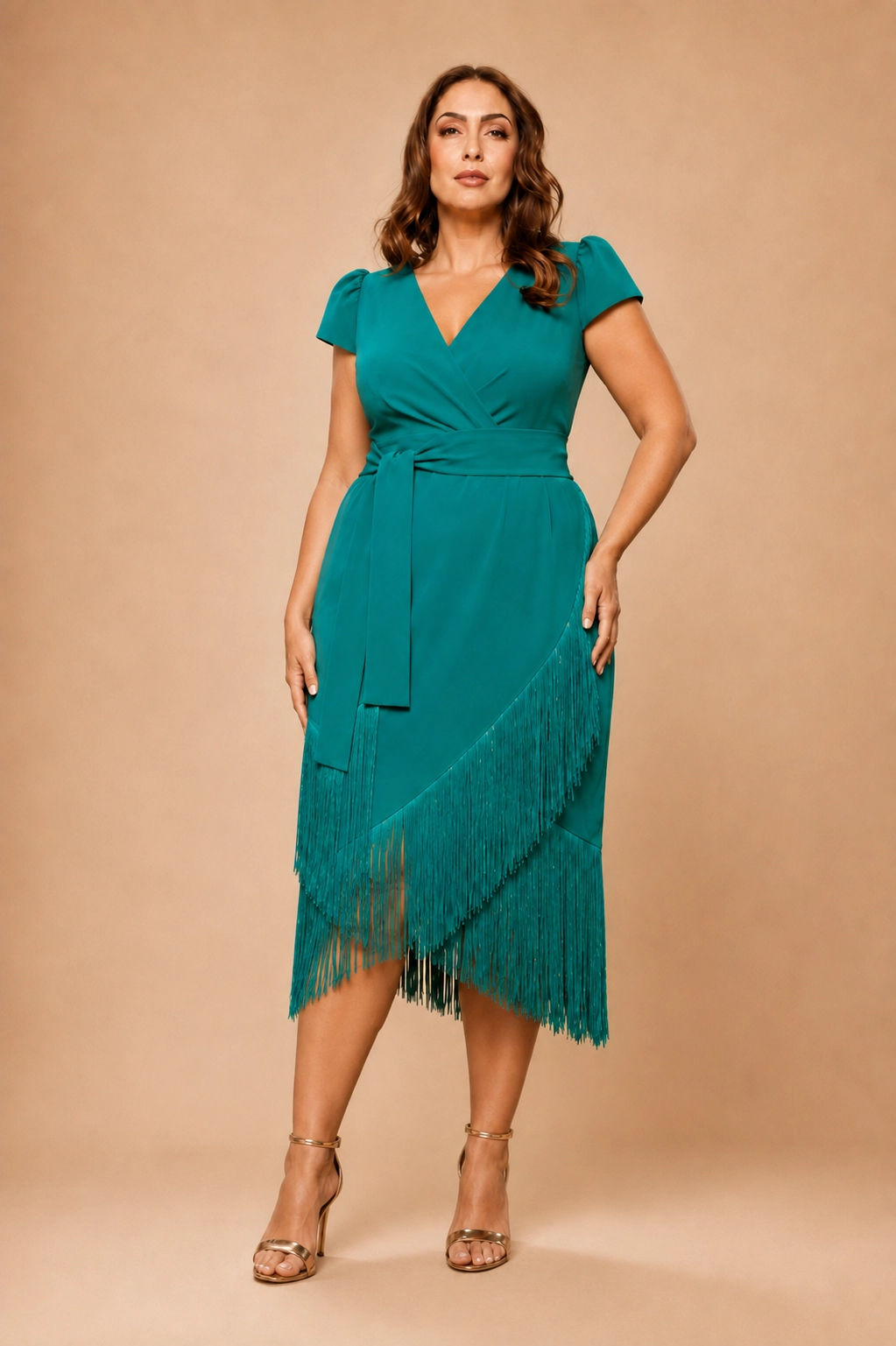3059N-pato (0) copia Vestido midi de flecos verde pato con manga corta