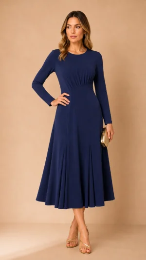 Vestido midi de punto de seda azul con falda de vuelo