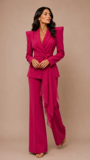 Conjunto color fresa con chaqueta cruzada y lazada