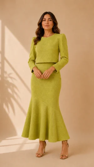 Ylma modas vestidos de fiesta, novia y comunión Conjunto de tweed lima con top y falda de corte diagonal