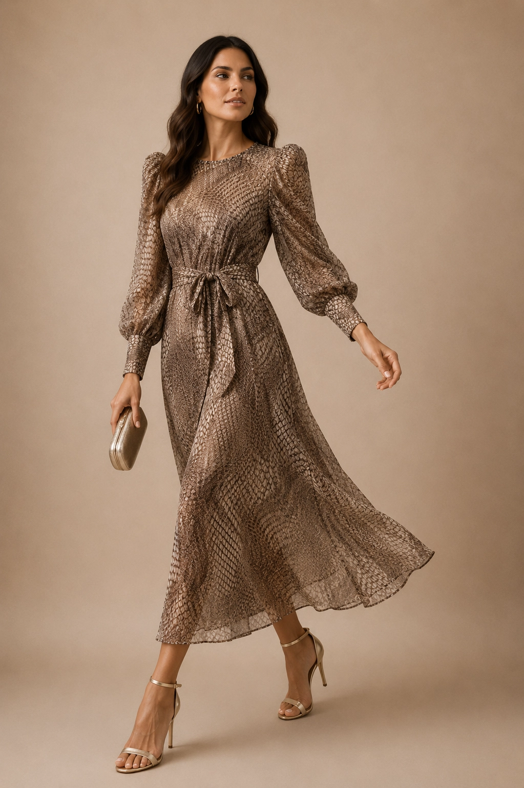 38064 copia Vestido midi estampado de gasa con lúrex y manga abullonada