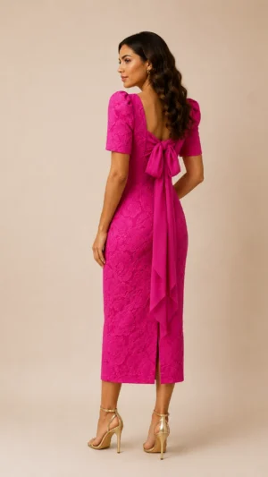 Vestido midi de brocado fucsia con espalda abierta y lazada de gasa