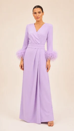 Ylma modas vestidos de fiesta, novia y comunión Vestido largo de crepe lila con plumas en los puños