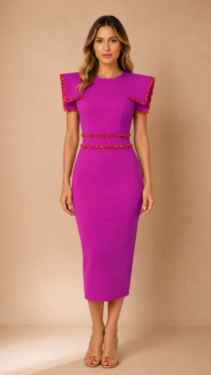 Ylma modas vestidos de fiesta, novia y comunión Vestido midi buganvilla con pasamanería naranja