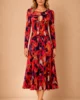 Vestido midi estampado de punto de seda con escote lágrima Vestido midi estampado de punto de seda con escote lágrima