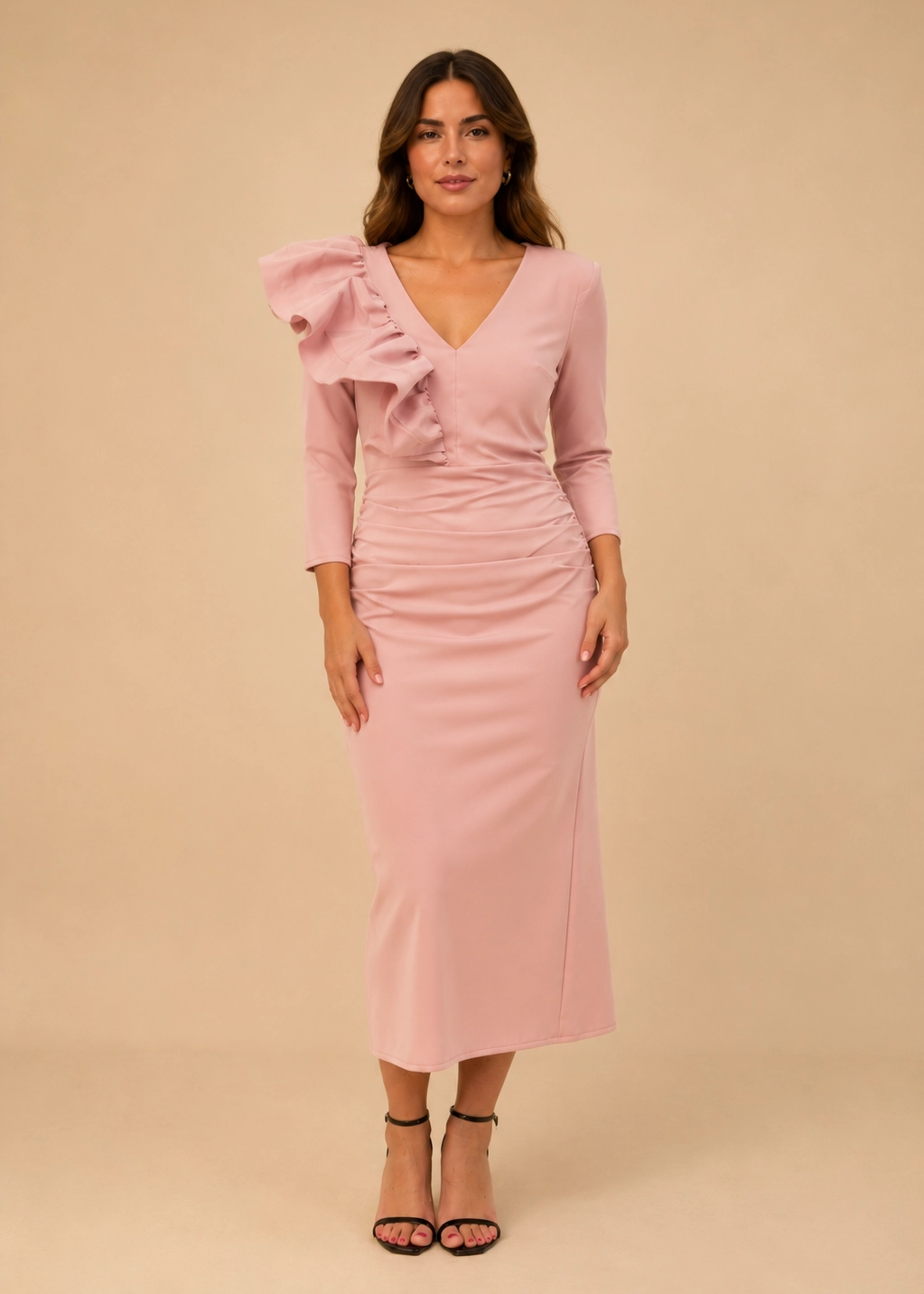 7749-rosa (0) copia Vestido midi de crepe rosa palo con volante de tafetán