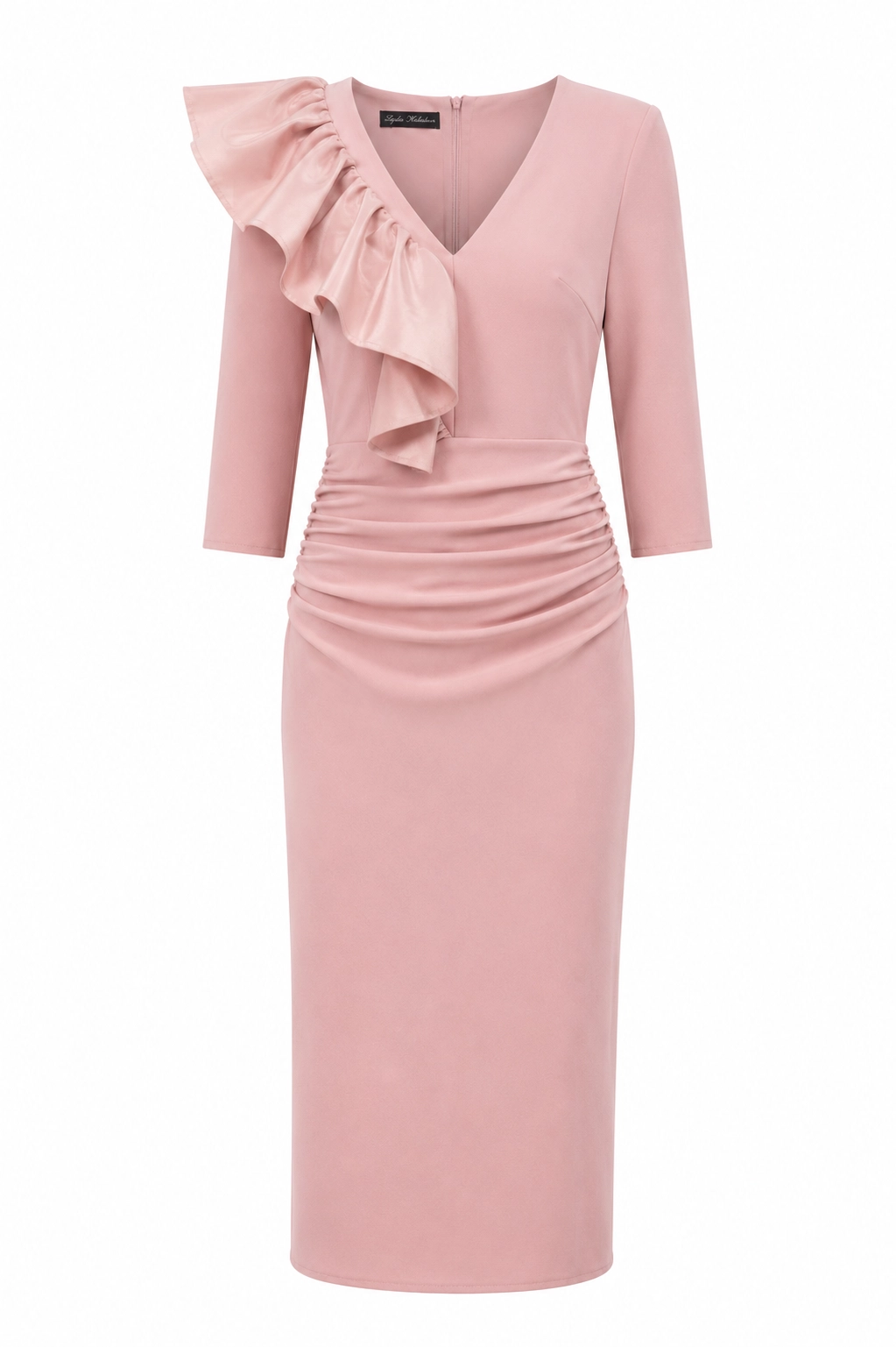 7749-rosa (1) copia Vestido midi de crepe rosa palo con volante de tafetán
