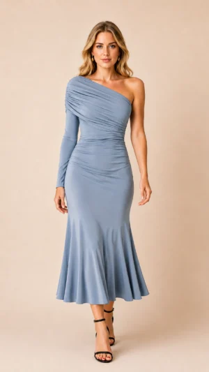 Vestido midi de punto de seda azul grisáceo asimétrico