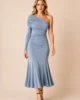 Vestido midi de punto de seda azul grisáceo asimétrico Vestido midi de punto de seda azul grisáceo asimétrico