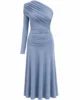Vestido midi de punto de seda azul grisáceo asimétrico Vestido midi de punto de seda azul grisáceo asimétrico