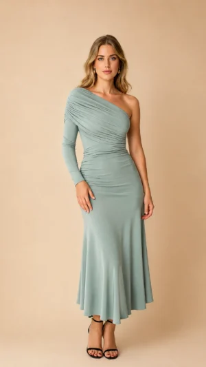 Vestido midi de punto de seda verde menta asimétrico