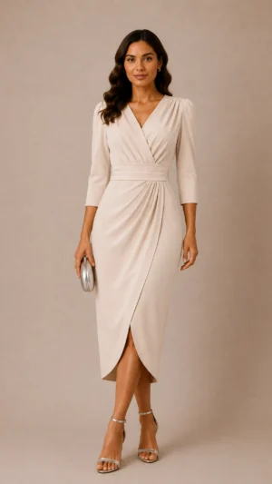 Vestido midi beige de crepe fluido con falda cruzada