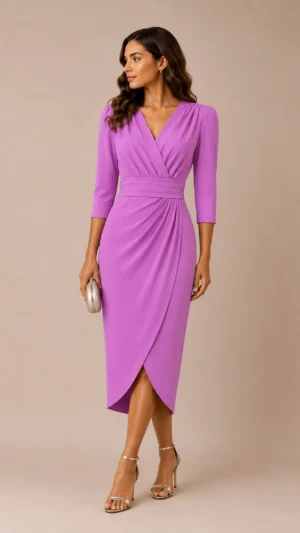 Vestido midi orquidea de crepe fluido con falda cruzada