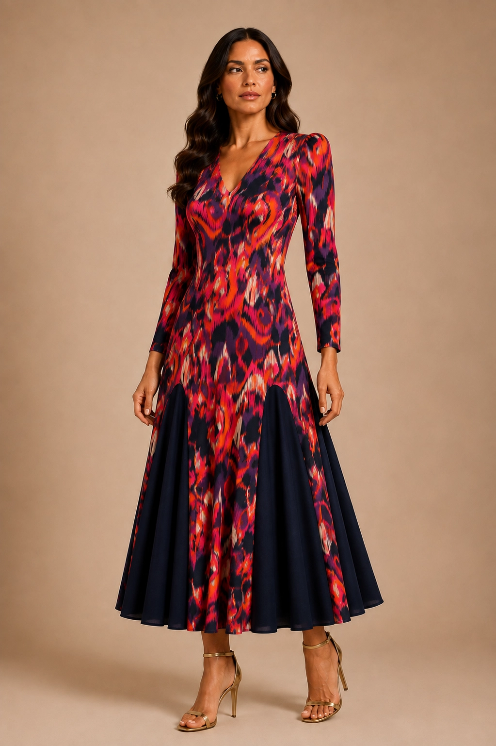 7770-1 (0) copia Vestido midi estampado con godets azul marino