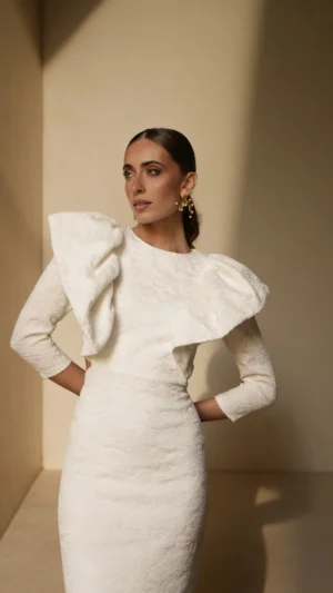 Vestido midi brocado blanco con espalda abierta