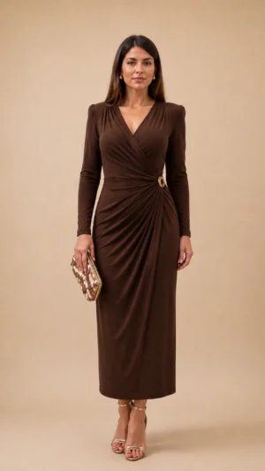 Vestido midi de punto de seda marrón con broche dorado