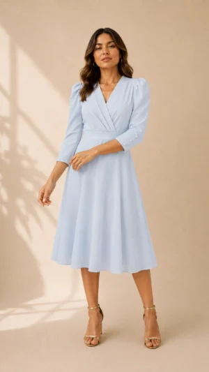 Vestido midi de crepé azul bebé con falda de capa