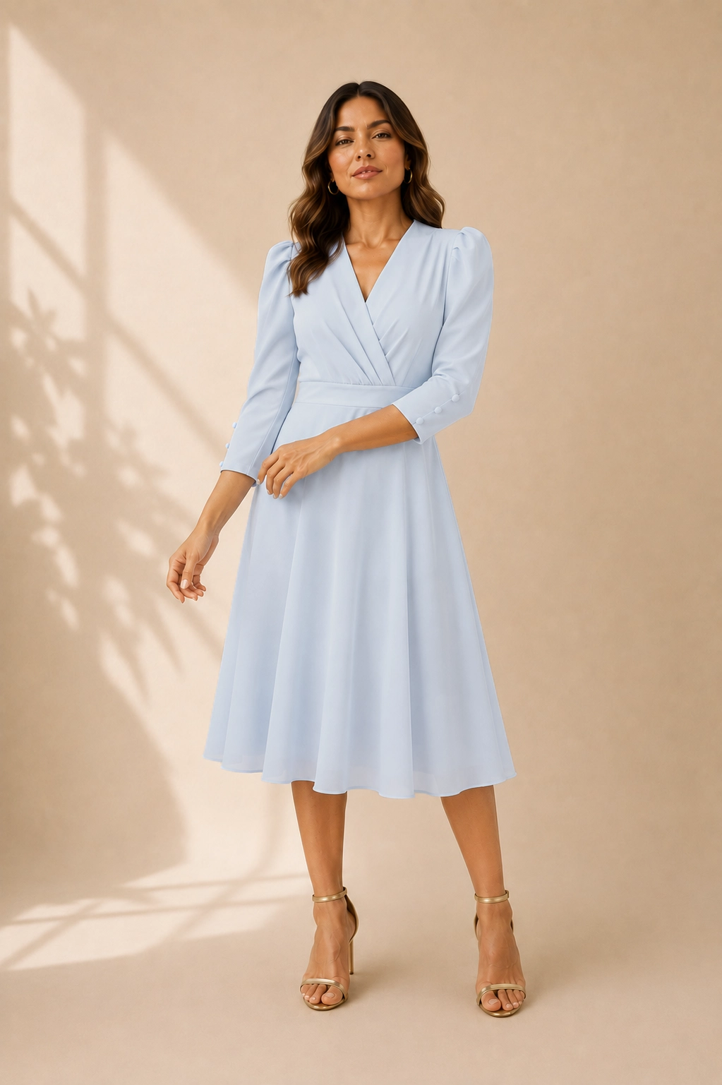 L100-azul (0) copia Vestido midi de crepé azul bebé con falda de capa