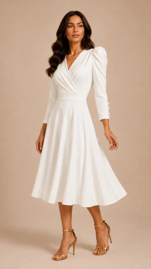 Vestido midi de crepé blanco con falda de capa