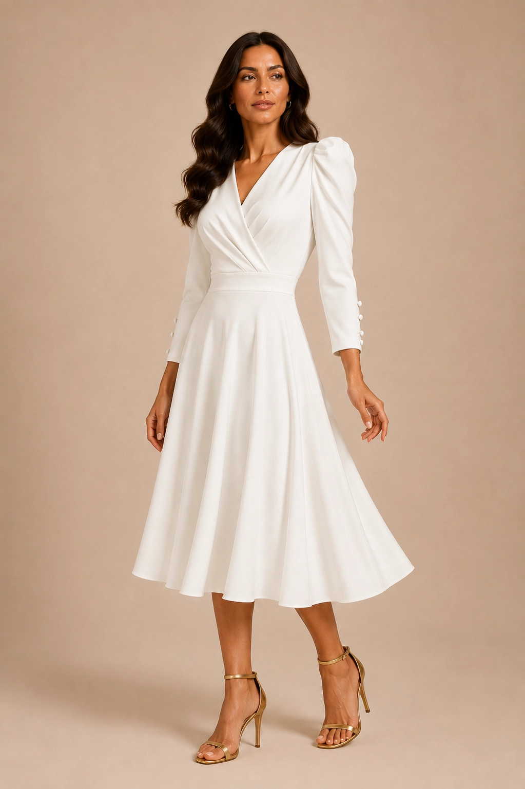 L100-blanco (1) copia Vestido midi de crepé blanco con falda de capa