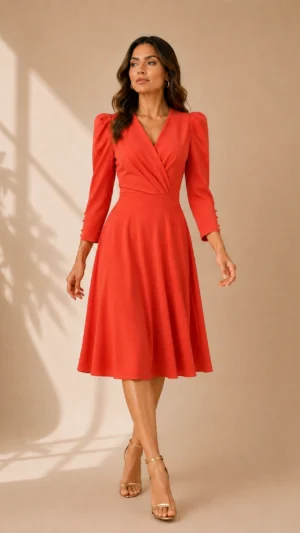 Vestido midi de crepé coral con falda de capa
