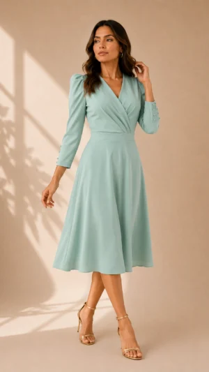 Vestido midi de crepé verde hielo con falda de capa
