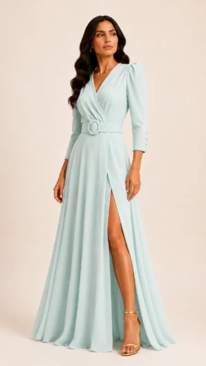 Ylma modas vestidos de fiesta, novia y comunión Vestido largo de crepe verde agua con cinturón y abertura