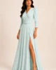 Vestido largo de crepe verde agua con cinturón y abertura Vestido largo de crepe verde agua con cinturón y abertura