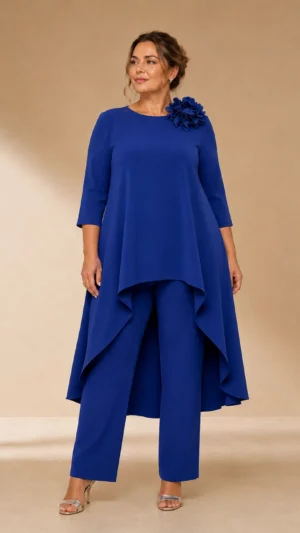 Conjunto pantalón y casaca azul tinta con flor
