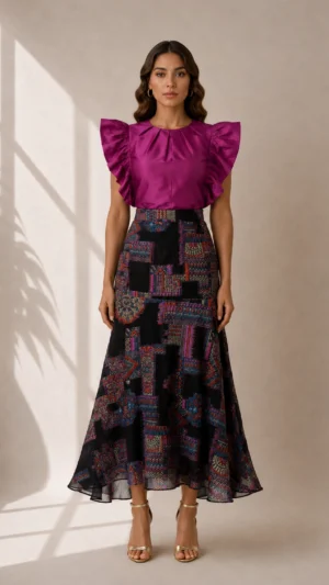 Conjunto de tafetán buganvilla y falda de organza bordada