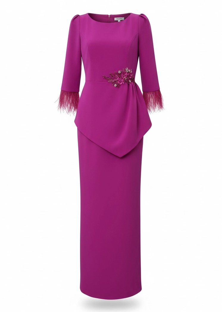 MR2606 (2) copia Vestido largo buganvilla con sobrefalda asimétrica y bordado floral