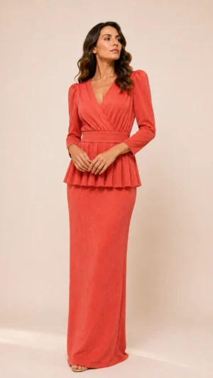 Tienda de vestidos de fiesta, novia, comunión Vestido largo coral de tejido elástico texturizado con peplum