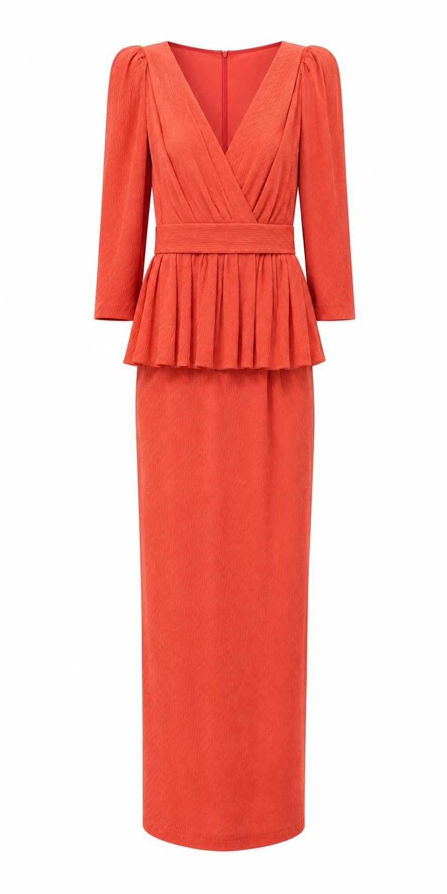 MR2637 (2) copia Vestido largo coral de tejido elástico texturizado con peplum