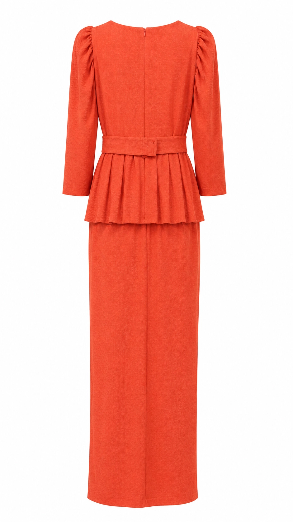 MR2637 (3) copia Vestido largo coral de tejido elástico texturizado con peplum